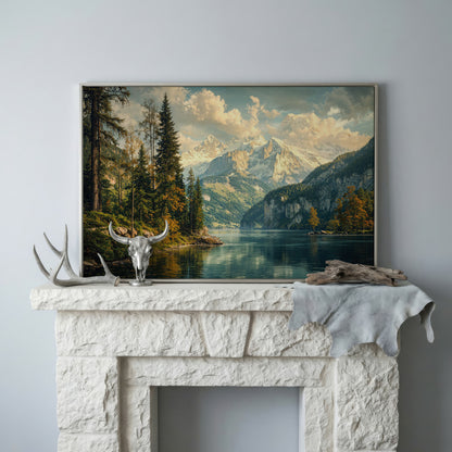 Mountain Lake with Emerald Forest Canvas in silver floating frame