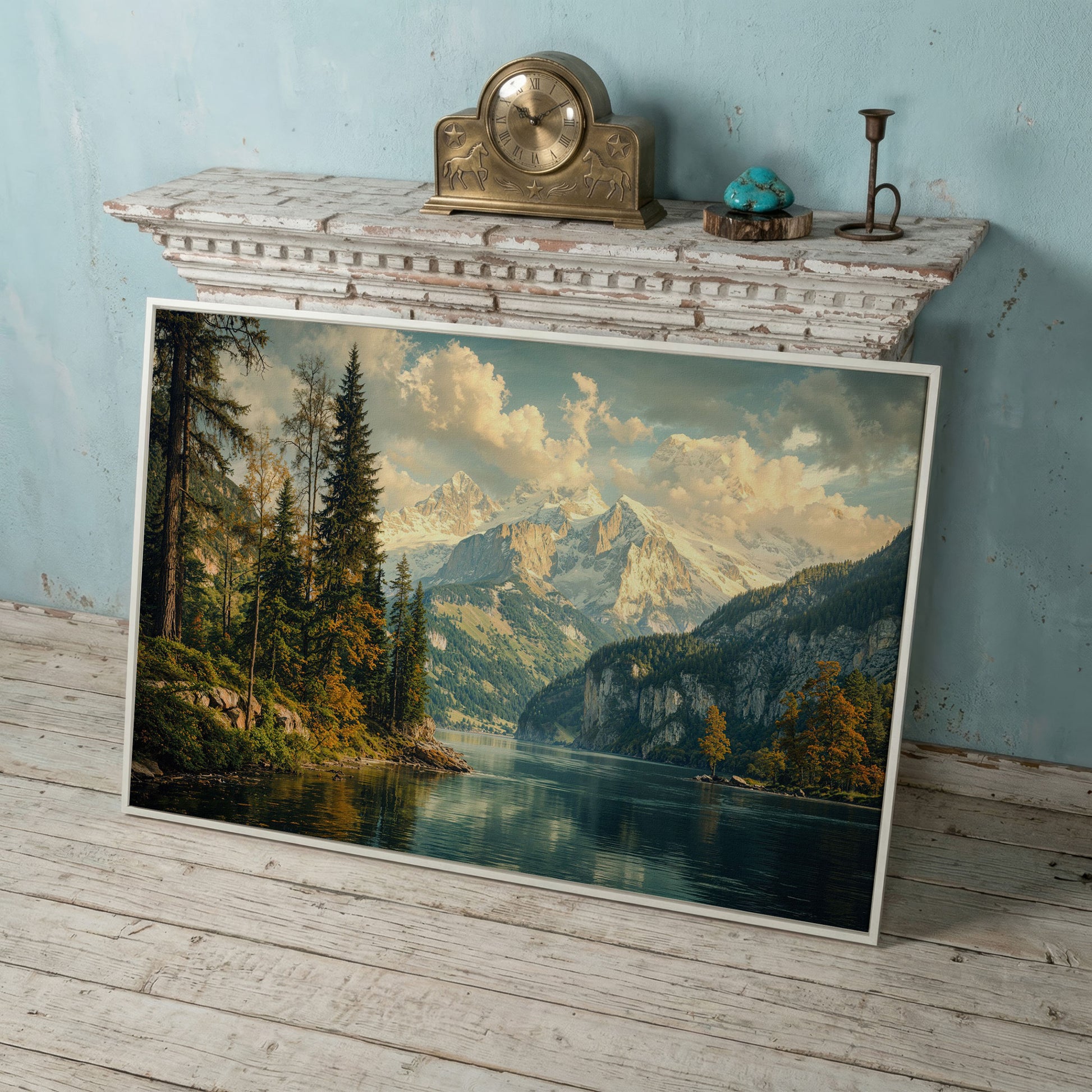 Mountain Lake with Emerald Forest Canvas in white floating frame