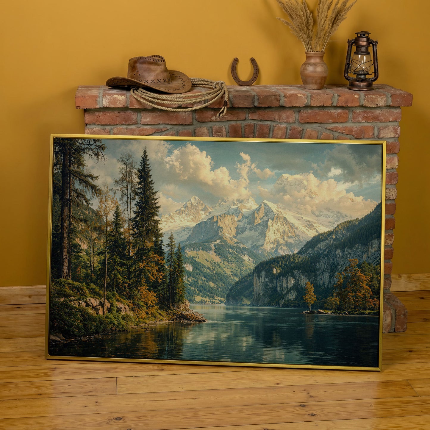 Mountain Lake with Emerald Forest Canvas in yellow gold floating frame