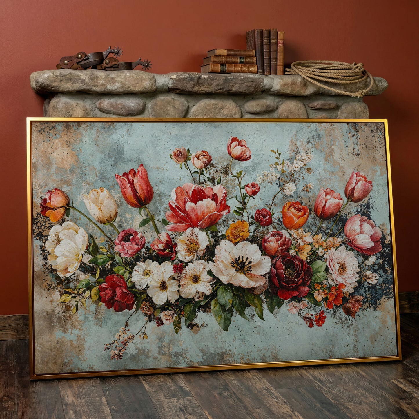Floral Bouquet Canvas Art: Tulips, Roses and Mixed Blooms in antique gold floating frame