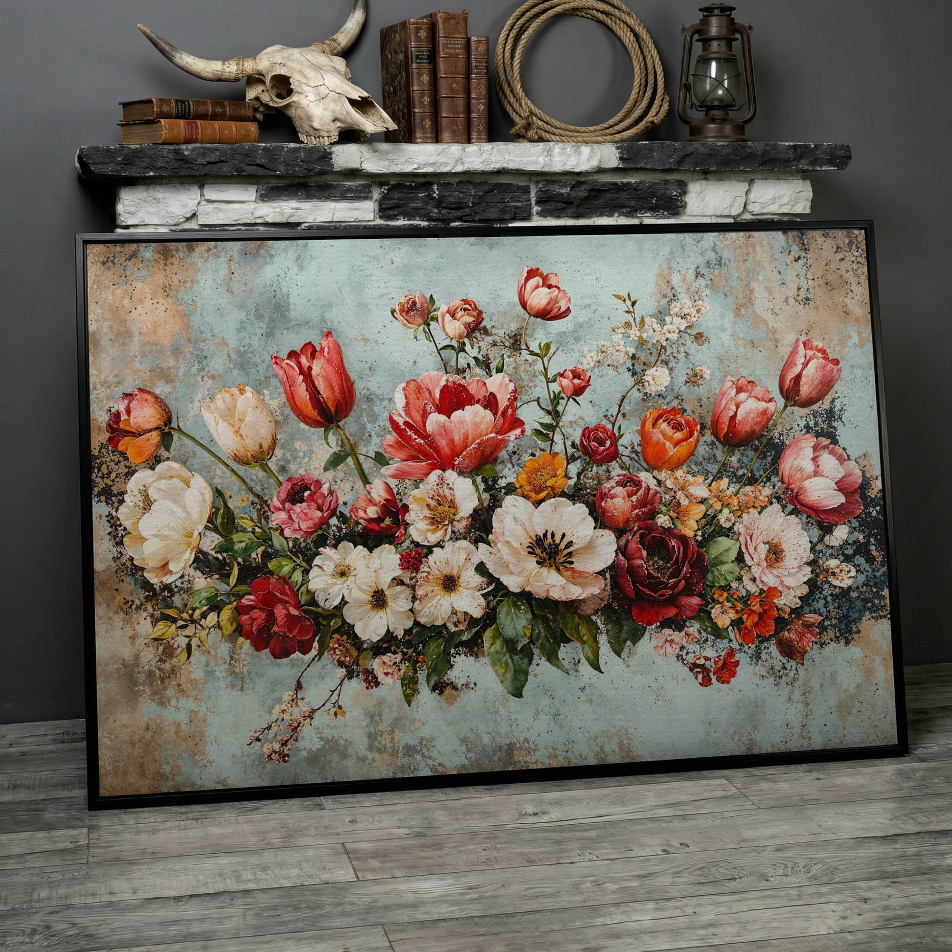 Floral Bouquet Canvas Art: Tulips, Roses and Mixed Blooms in black floating frame