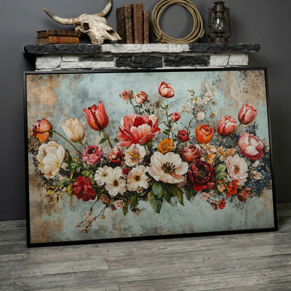 Floral Bouquet Canvas Art: Tulips, Roses and Mixed Blooms in black floating frame