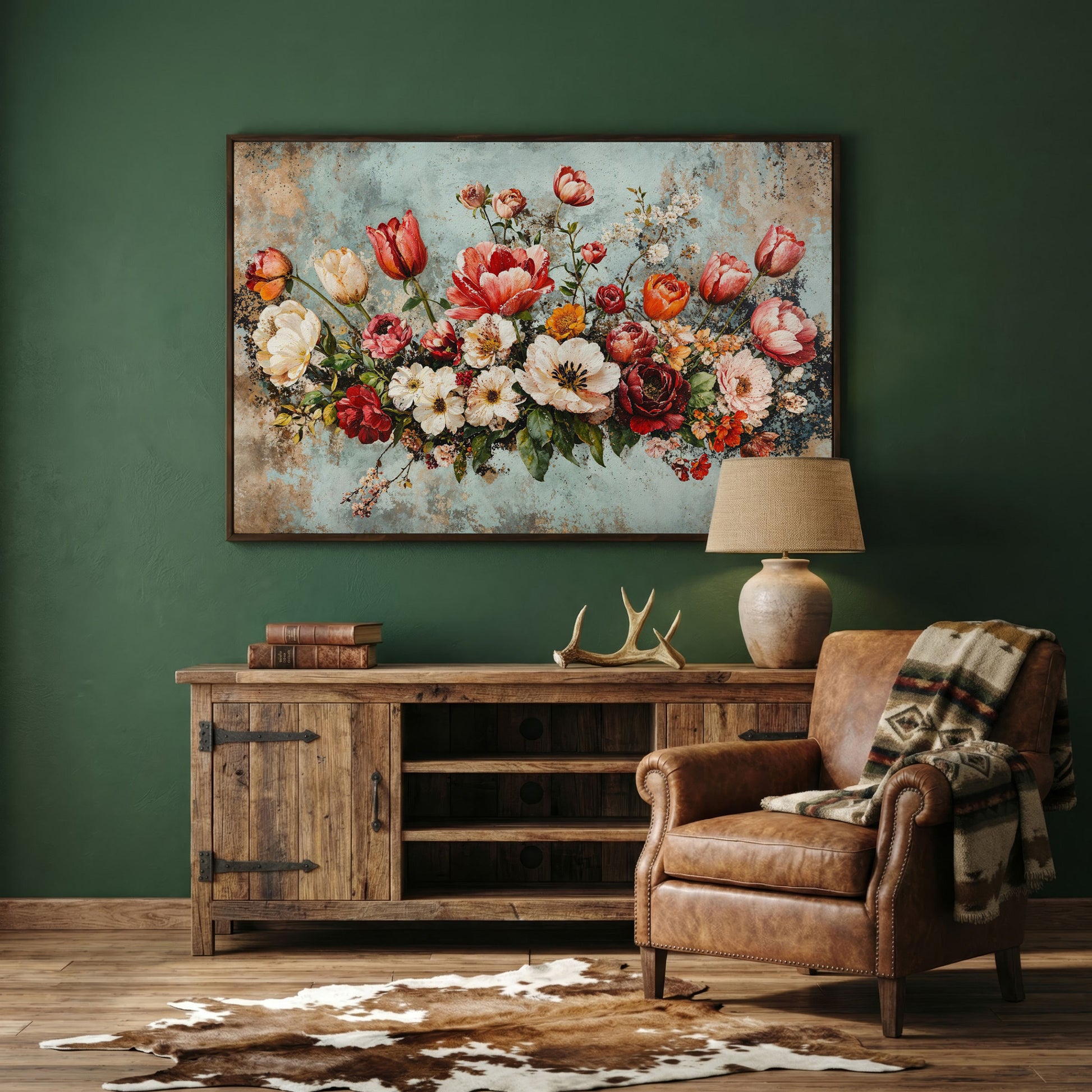 Floral Bouquet Canvas Art: Tulips, Roses and Mixed Blooms in dark walnut floating frame