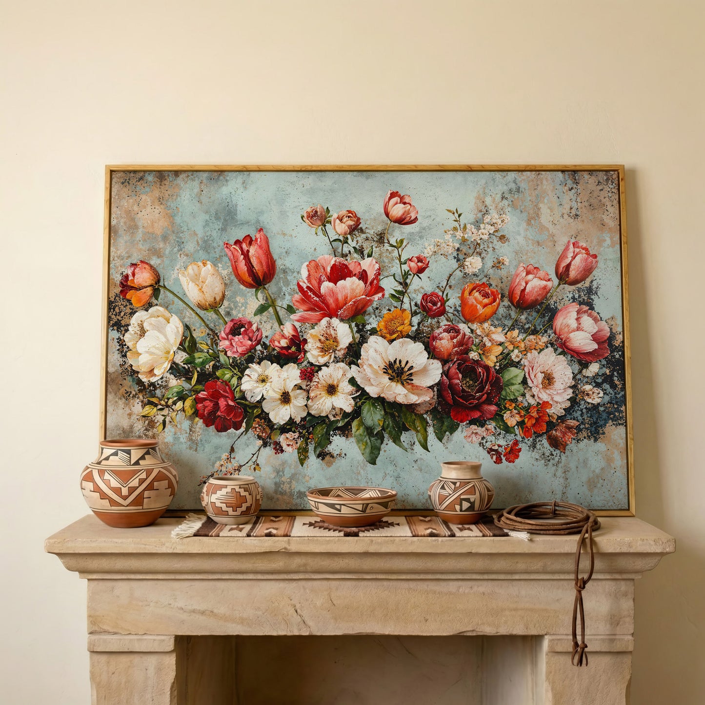 Floral Bouquet Canvas Art: Tulips, Roses and Mixed Blooms in white oak floating frame
