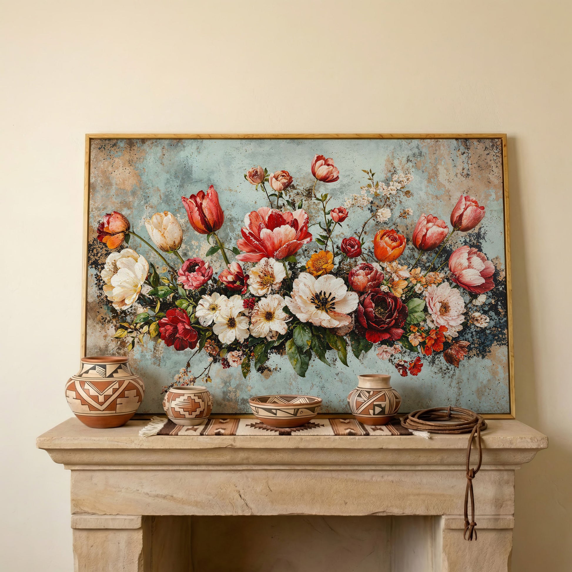 Floral Bouquet Canvas Art: Tulips, Roses and Mixed Blooms in white oak floating frame