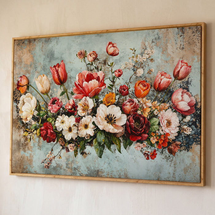 Floral Bouquet Canvas Art: Tulips, Roses and Mixed Blooms shown in white oak floating frame