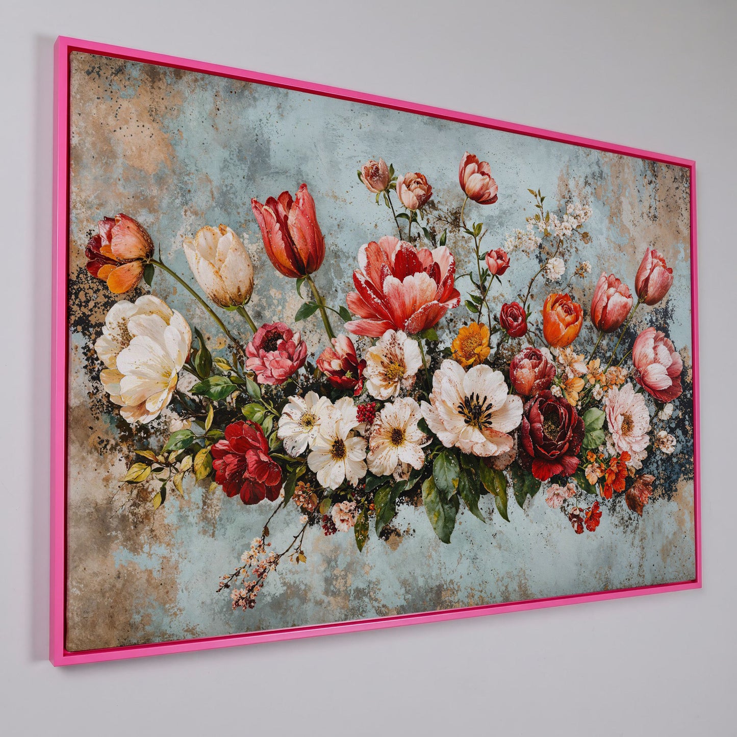 Floral Bouquet Canvas Art: Tulips, Roses and Mixed Blooms in pink floating frame