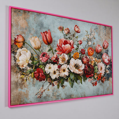 Floral Bouquet Canvas Art: Tulips, Roses and Mixed Blooms in pink floating frame