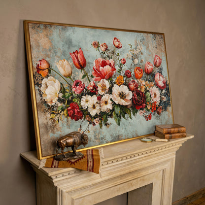 Floral Bouquet Canvas Art: Tulips, Roses and Mixed Blooms in rose gold floating frame