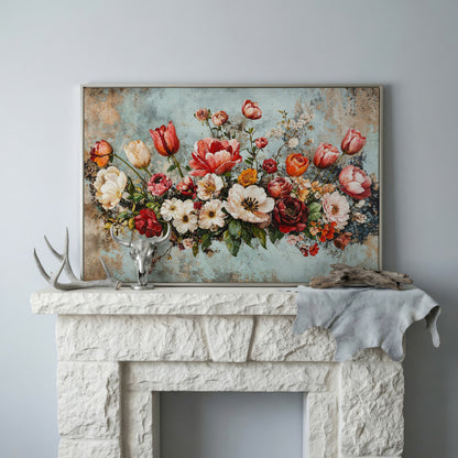 Floral Bouquet Canvas Art: Tulips, Roses and Mixed Blooms in silver floating frame