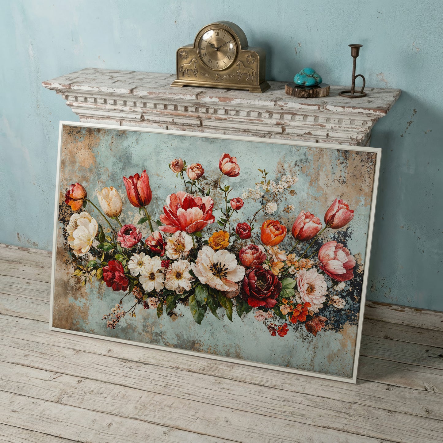 Floral Bouquet Canvas Art: Tulips, Roses and Mixed Blooms in white floating frame