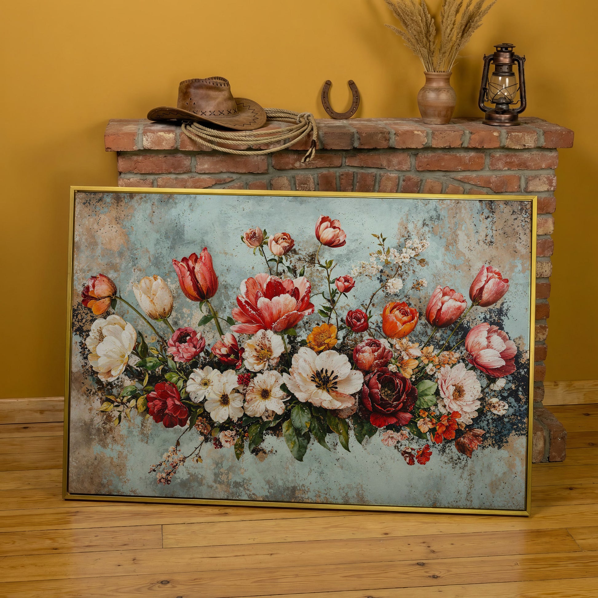 Floral Bouquet Canvas Art: Tulips, Roses and Mixed Blooms in yellow gold floating frame