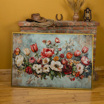 Floral Bouquet Canvas Art: Tulips, Roses and Mixed Blooms in yellow gold floating frame