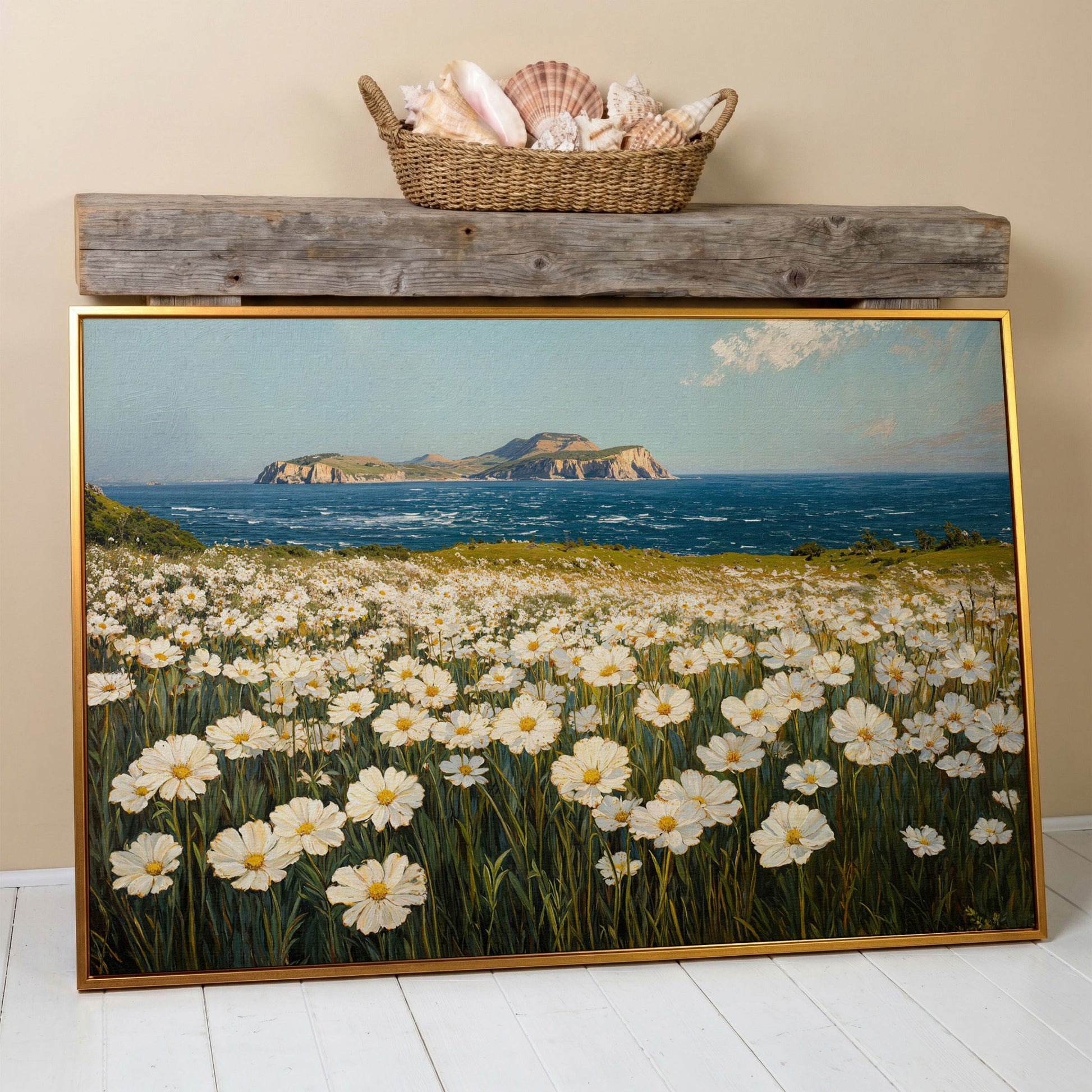 Serene Daisy Field Coastal Canvas in antique gold floating frame