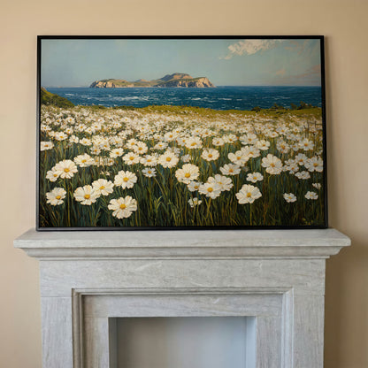 Serene Daisy Field Coastal Canvas in black floating frame
