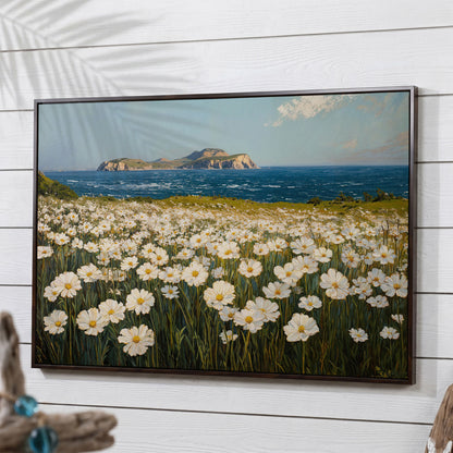 Serene Daisy Field Coastal Canvas in dark walnut floating frame