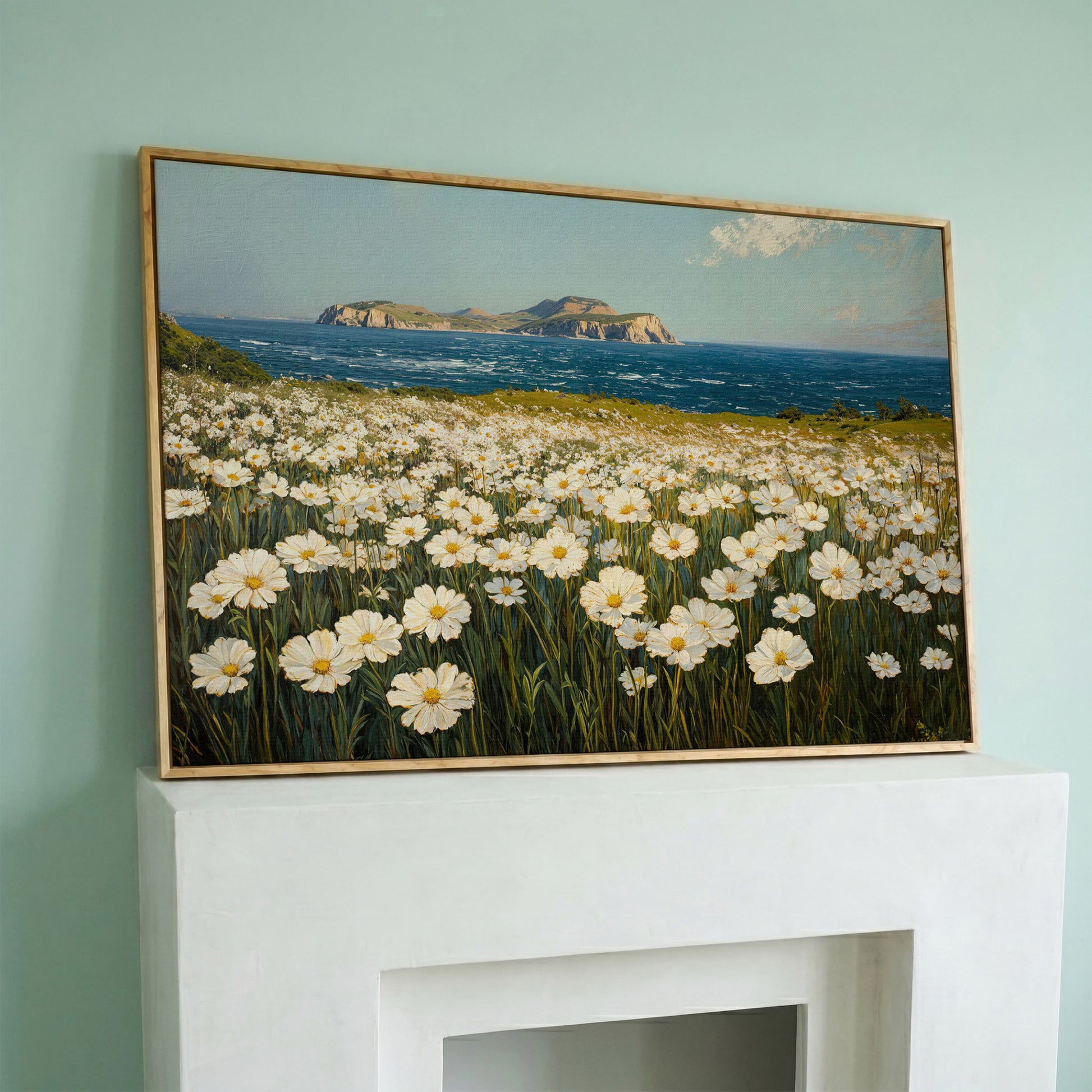 Serene Daisy Field Coastal Canvas in white oak floating frame