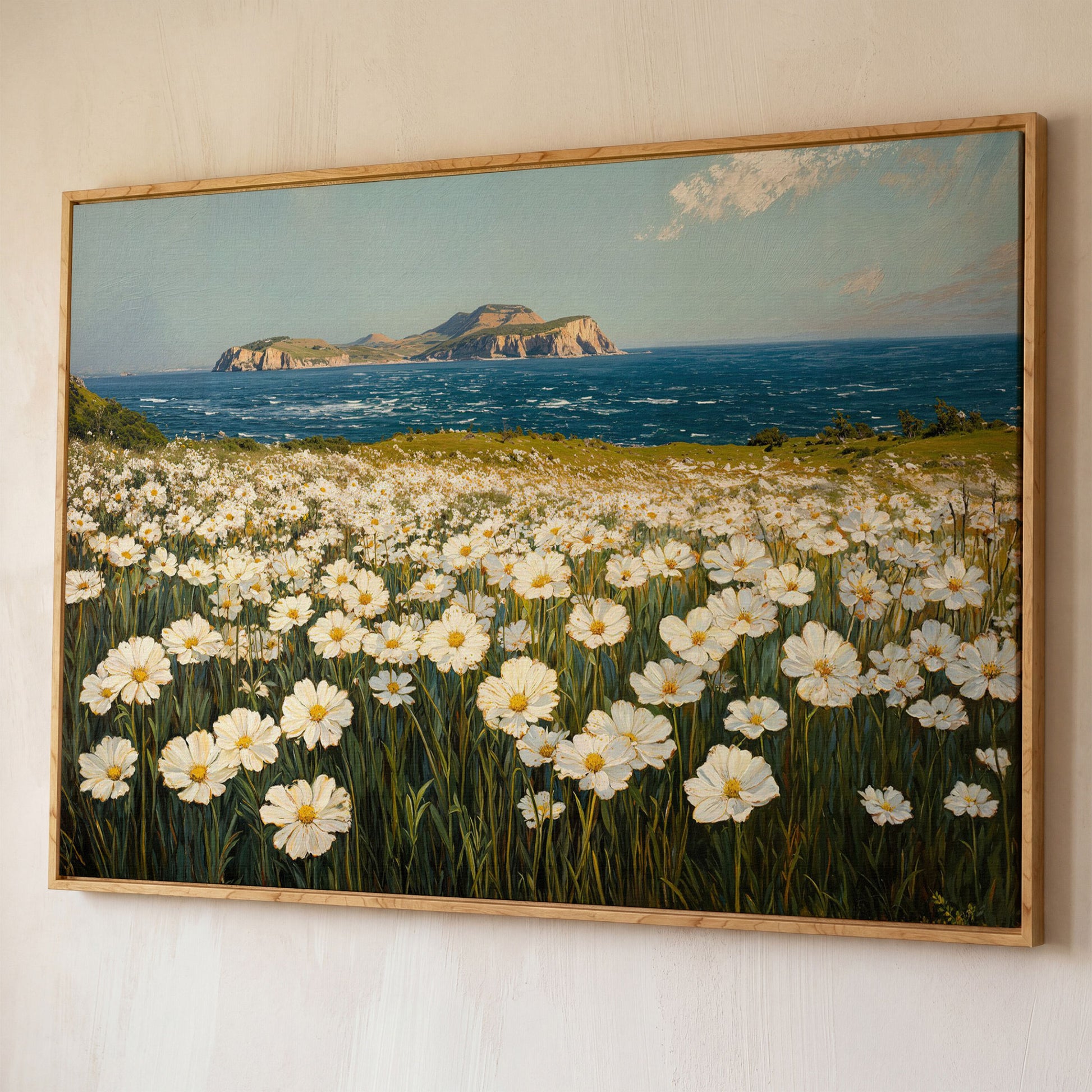 Serene Daisy Field Coastal Canvas shown in white oak floating frame