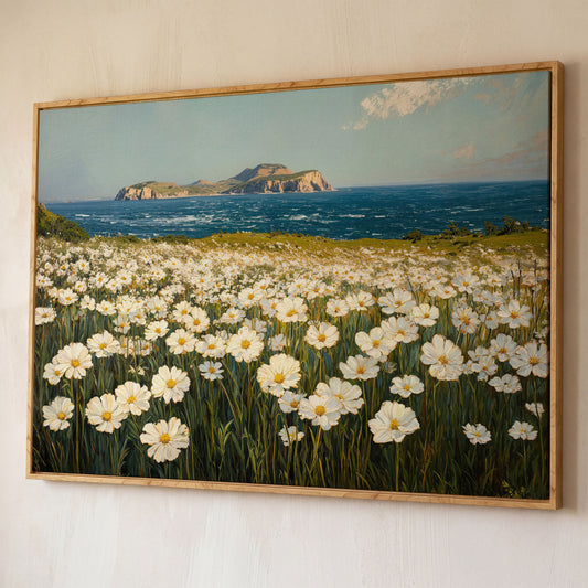 Serene Daisy Field Coastal Canvas shown in white oak floating frame