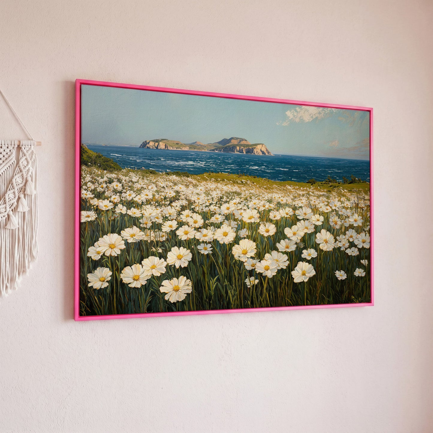 Serene Daisy Field Coastal Canvas in pink floating frame