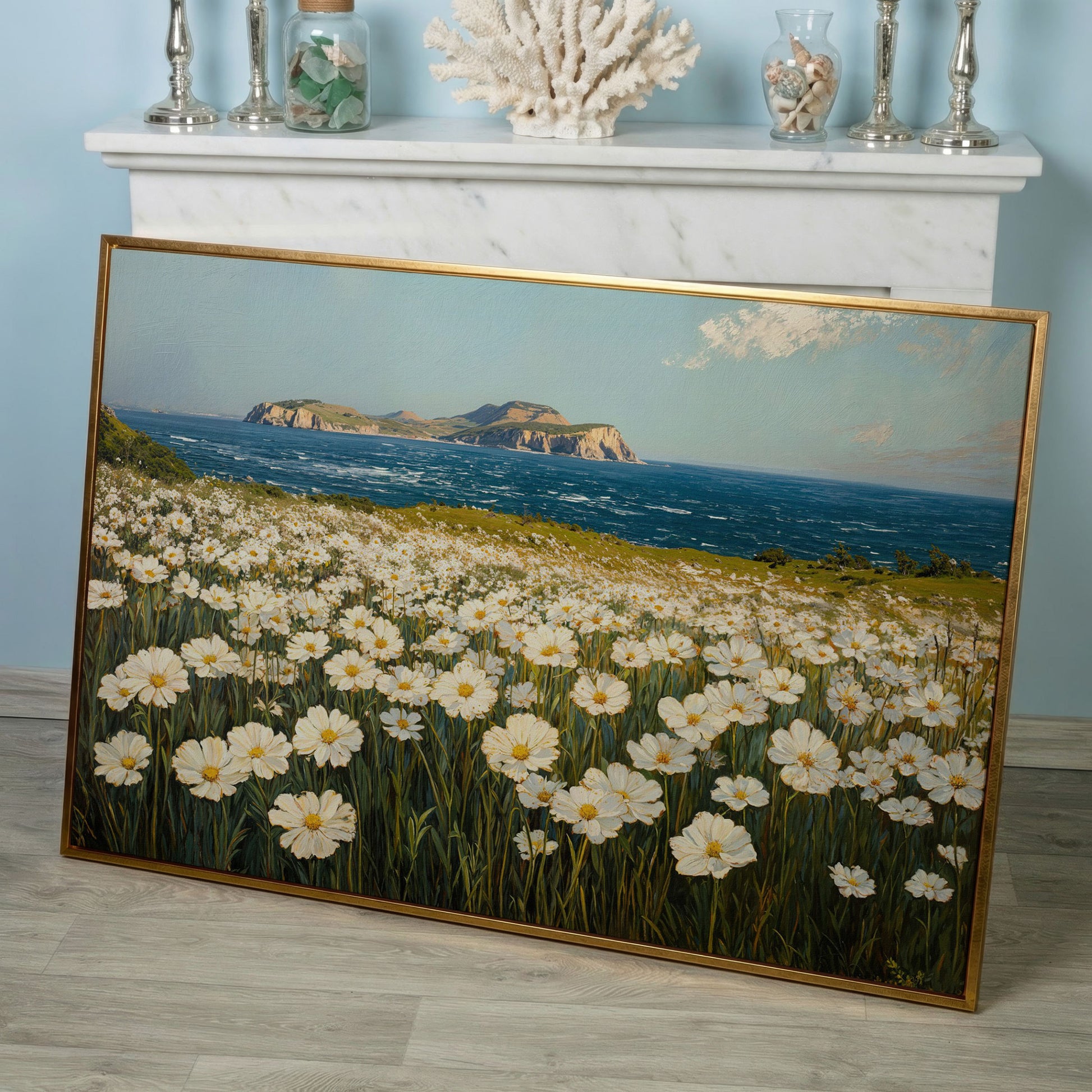 Serene Daisy Field Coastal Canvas in rose gold floating frame