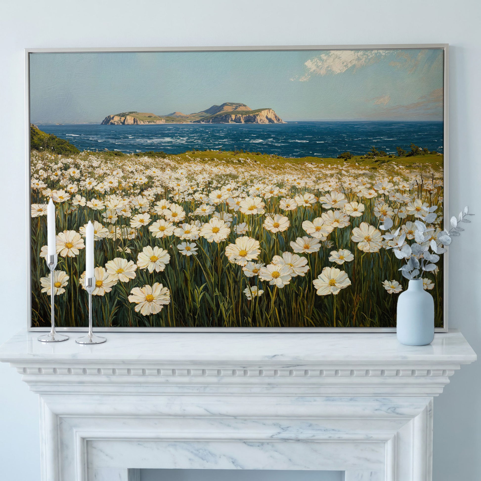 Serene Daisy Field Coastal Canvas in silver floating frame
