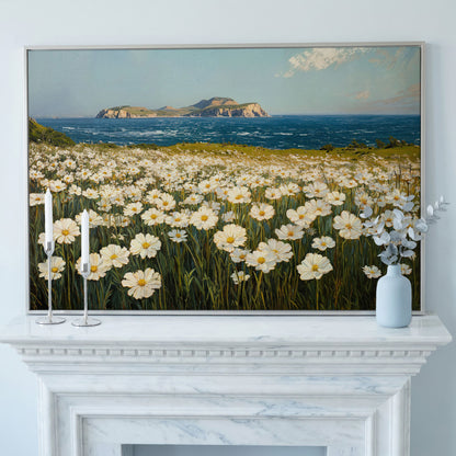 Serene Daisy Field Coastal Canvas in silver floating frame