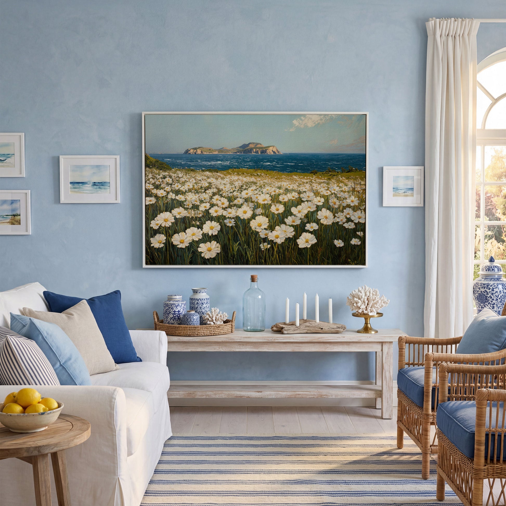 Serene Daisy Field Coastal Canvas in white floating frame