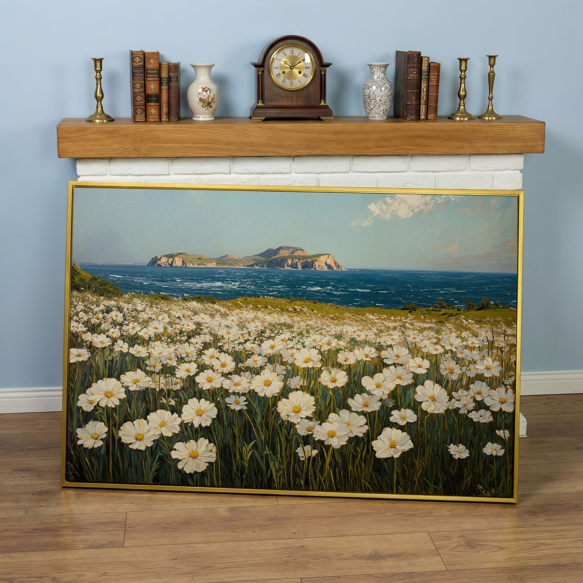 Serene Daisy Field Coastal Canvas in yellow gold floating frame
