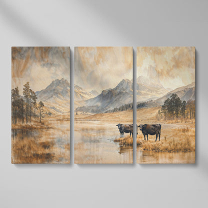 Two Cows by a Mountain Lake, Autumn Mist Canvas Wall Art as 3-panel split version