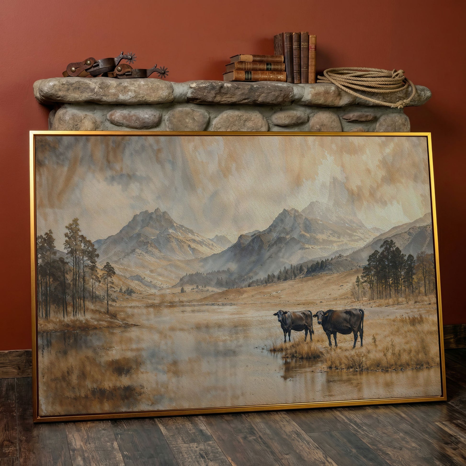 Two Cows by a Mountain Lake, Autumn Mist Canvas Wall Art in antique gold floating frame