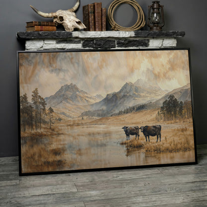 Two Cows by a Mountain Lake, Autumn Mist Canvas Wall Art in black floating frame