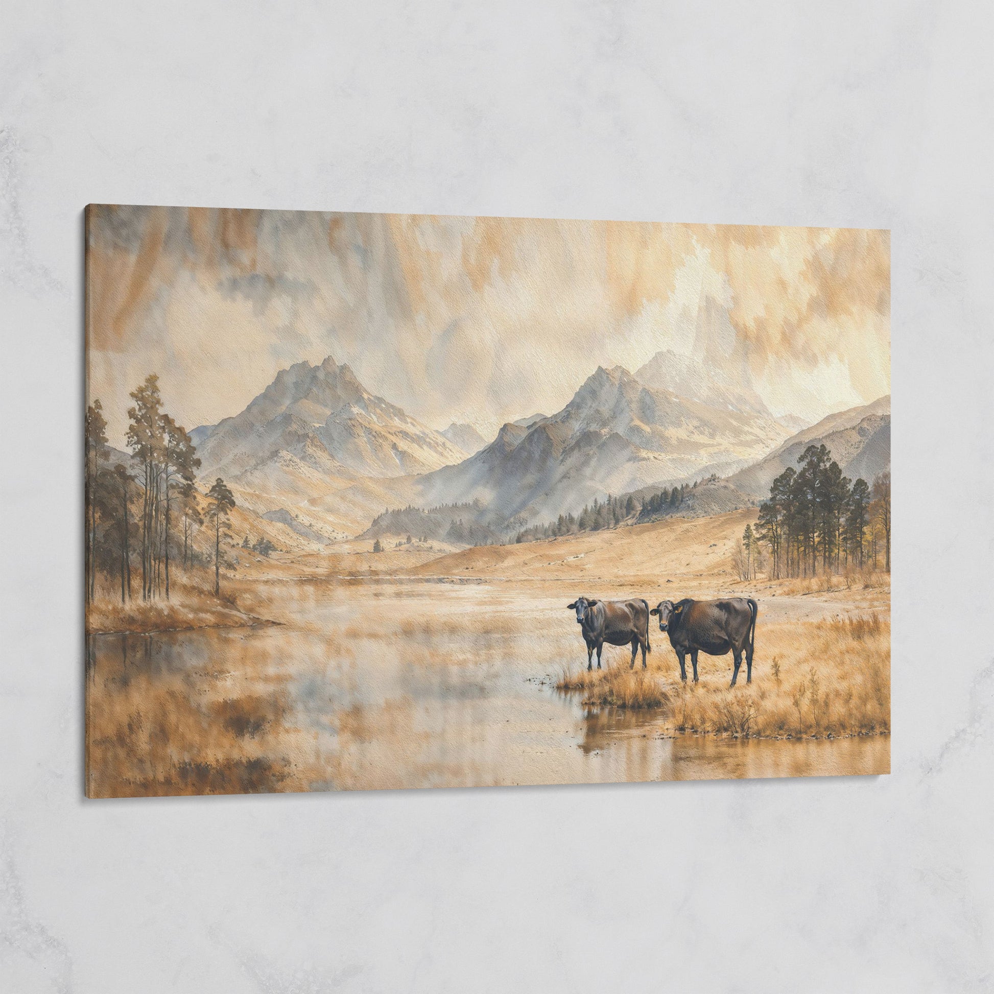 Two Cows by a Mountain Lake, Autumn Mist Canvas Wall Art on gallery wrap