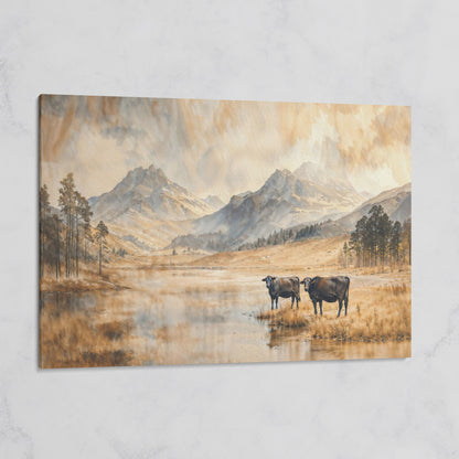 Two Cows by a Mountain Lake, Autumn Mist Canvas Wall Art on gallery wrap