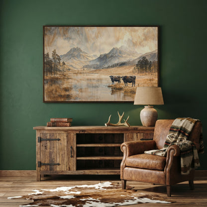 Two Cows by a Mountain Lake, Autumn Mist Canvas Wall Art in dark walnut floating frame