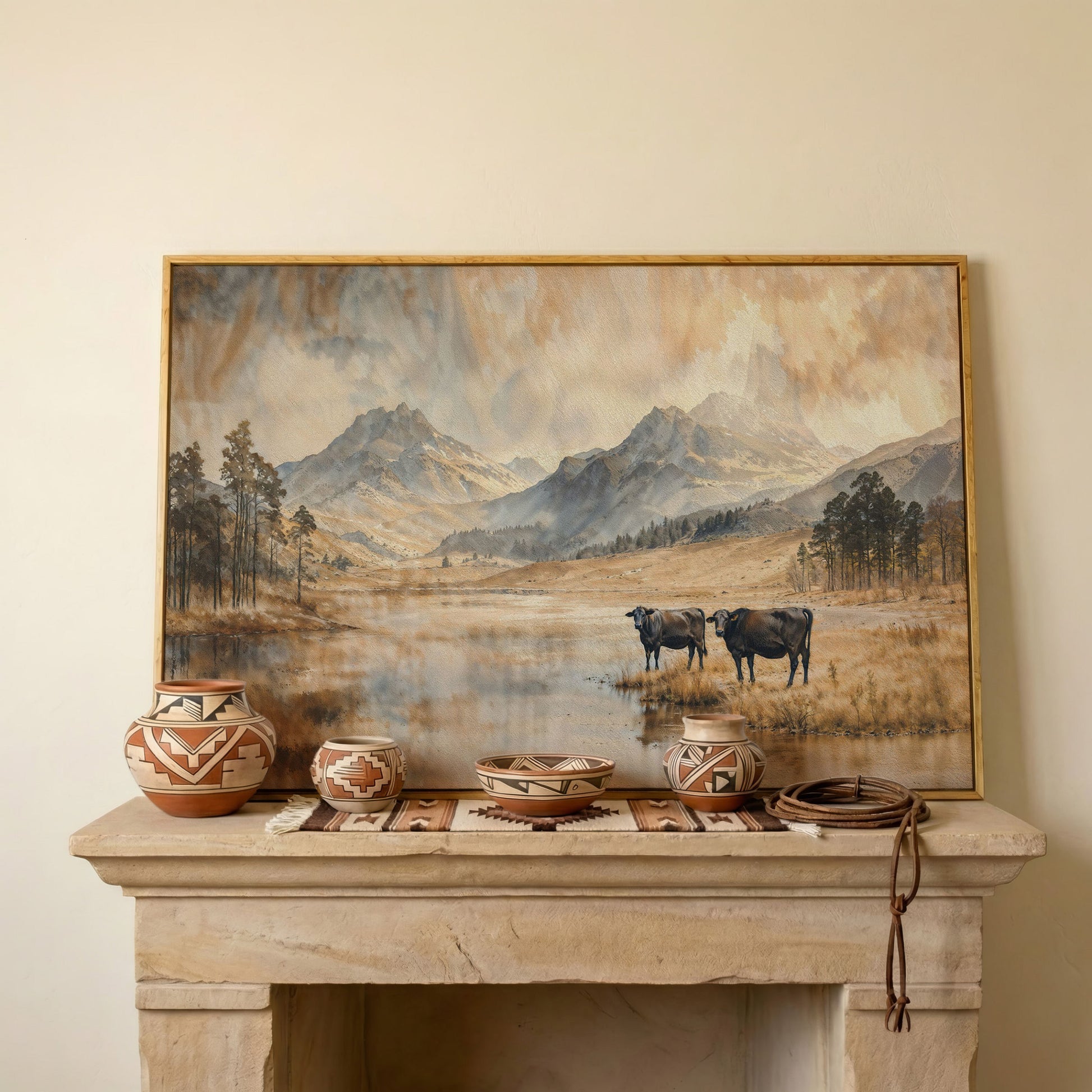 Two Cows by a Mountain Lake, Autumn Mist Canvas Wall Art in white oak floating frame