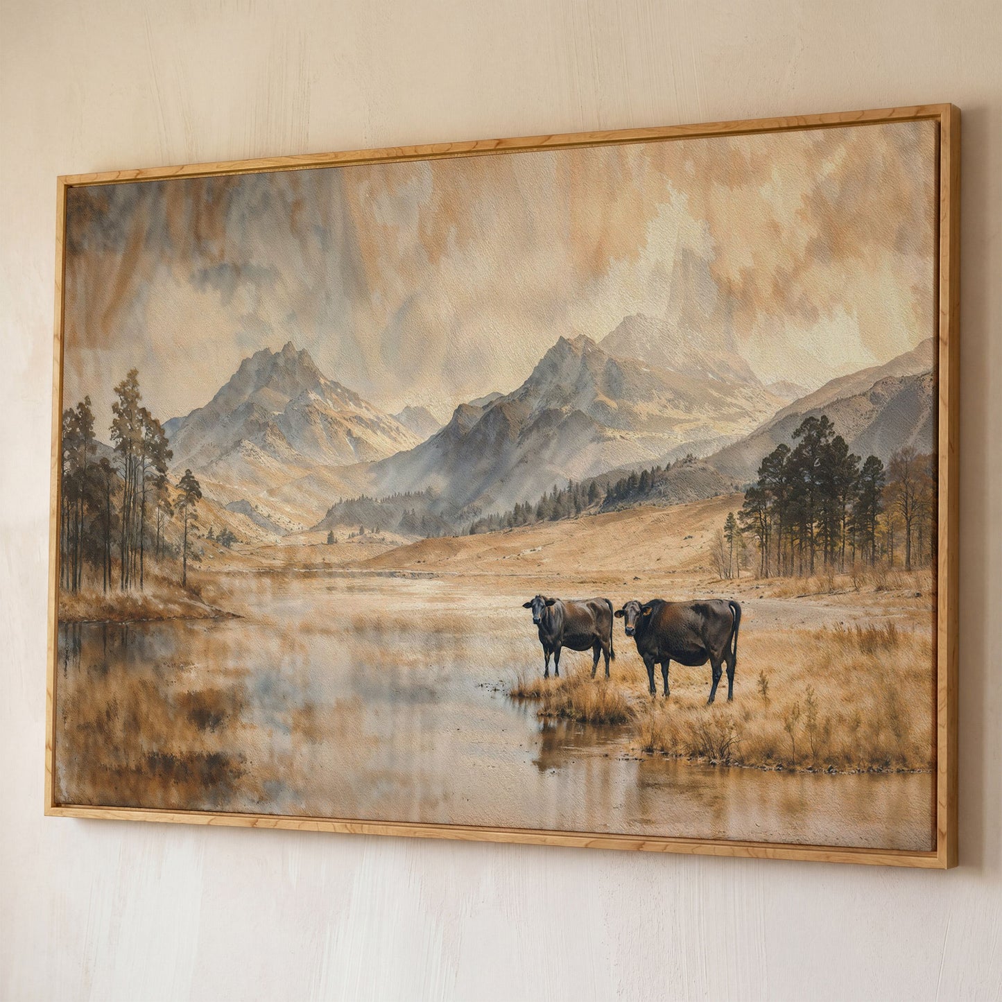 Two Cows by a Mountain Lake, Autumn Mist Canvas Wall Art shown in white oak floating frame