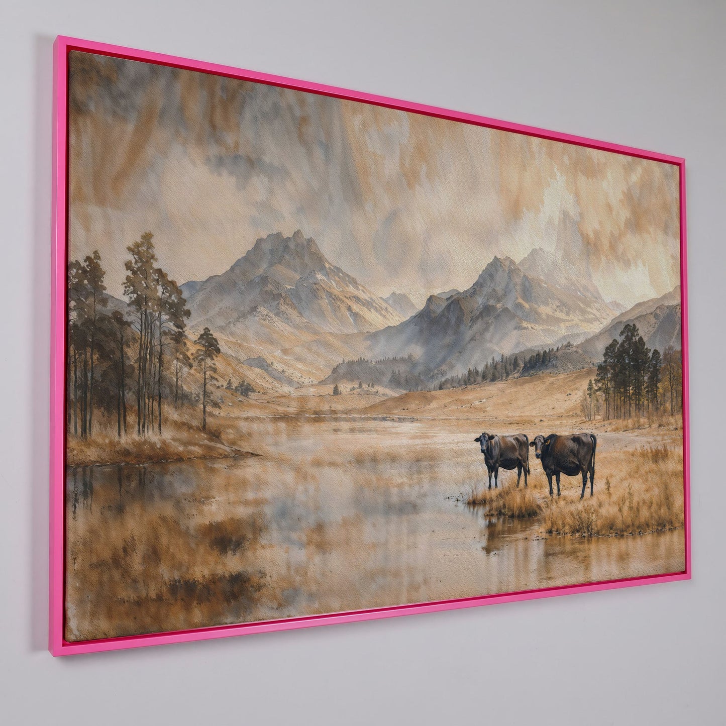 Two Cows by a Mountain Lake, Autumn Mist Canvas Wall Art in pink floating frame