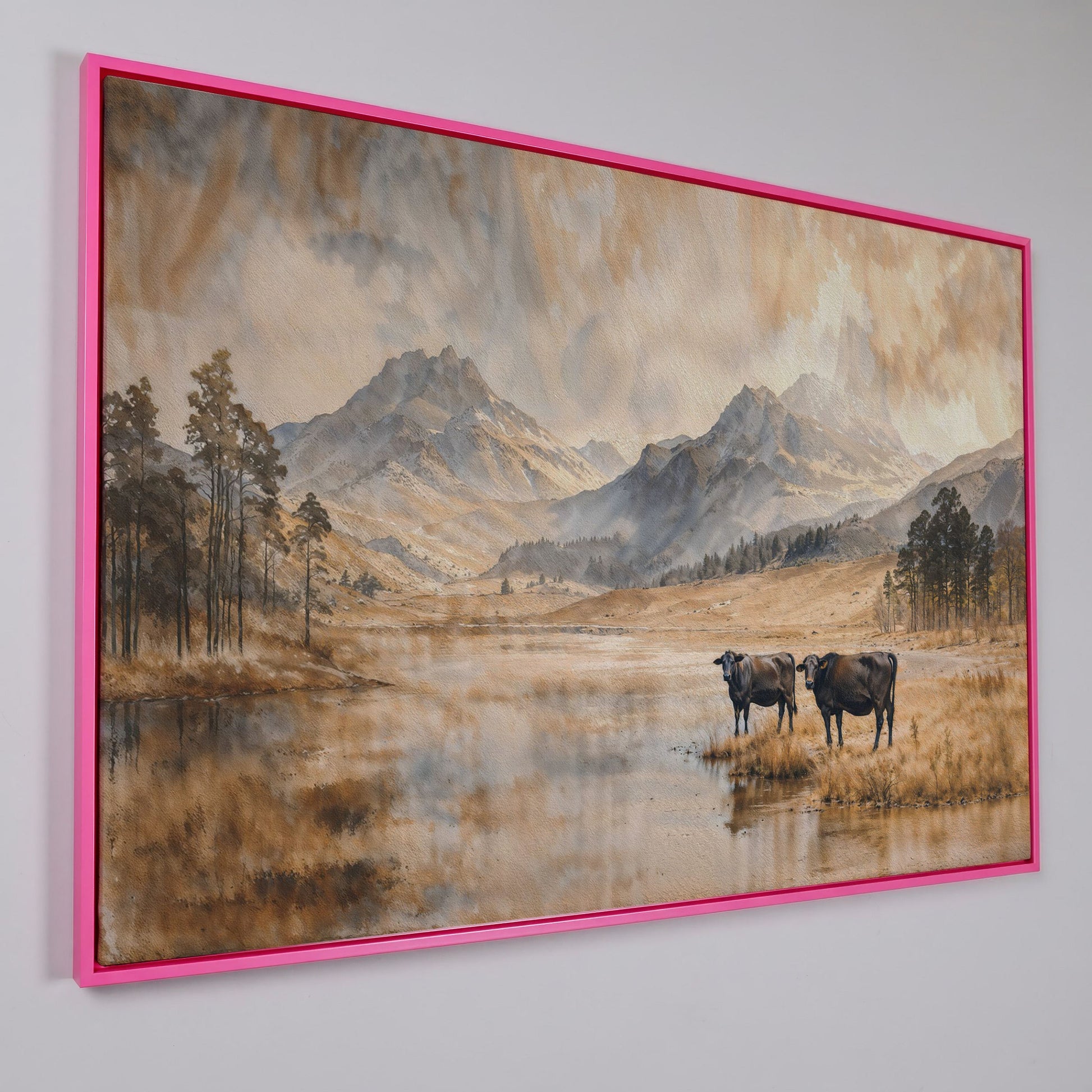 Two Cows by a Mountain Lake, Autumn Mist Canvas Wall Art in pink floating frame