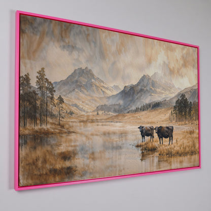Two Cows by a Mountain Lake, Autumn Mist Canvas Wall Art in pink floating frame