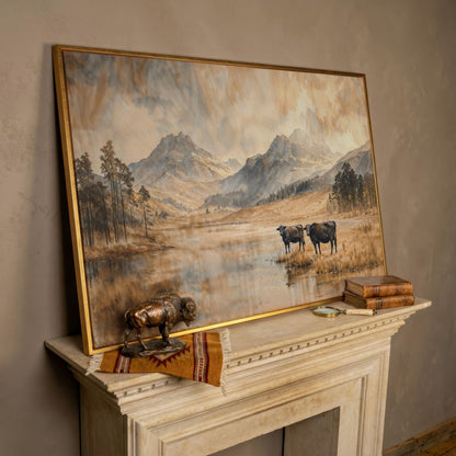Two Cows by a Mountain Lake, Autumn Mist Canvas Wall Art in rose gold floating frame