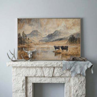 Two Cows by a Mountain Lake, Autumn Mist Canvas Wall Art in silver floating frame