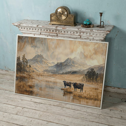 Two Cows by a Mountain Lake, Autumn Mist Canvas Wall Art in white floating frame
