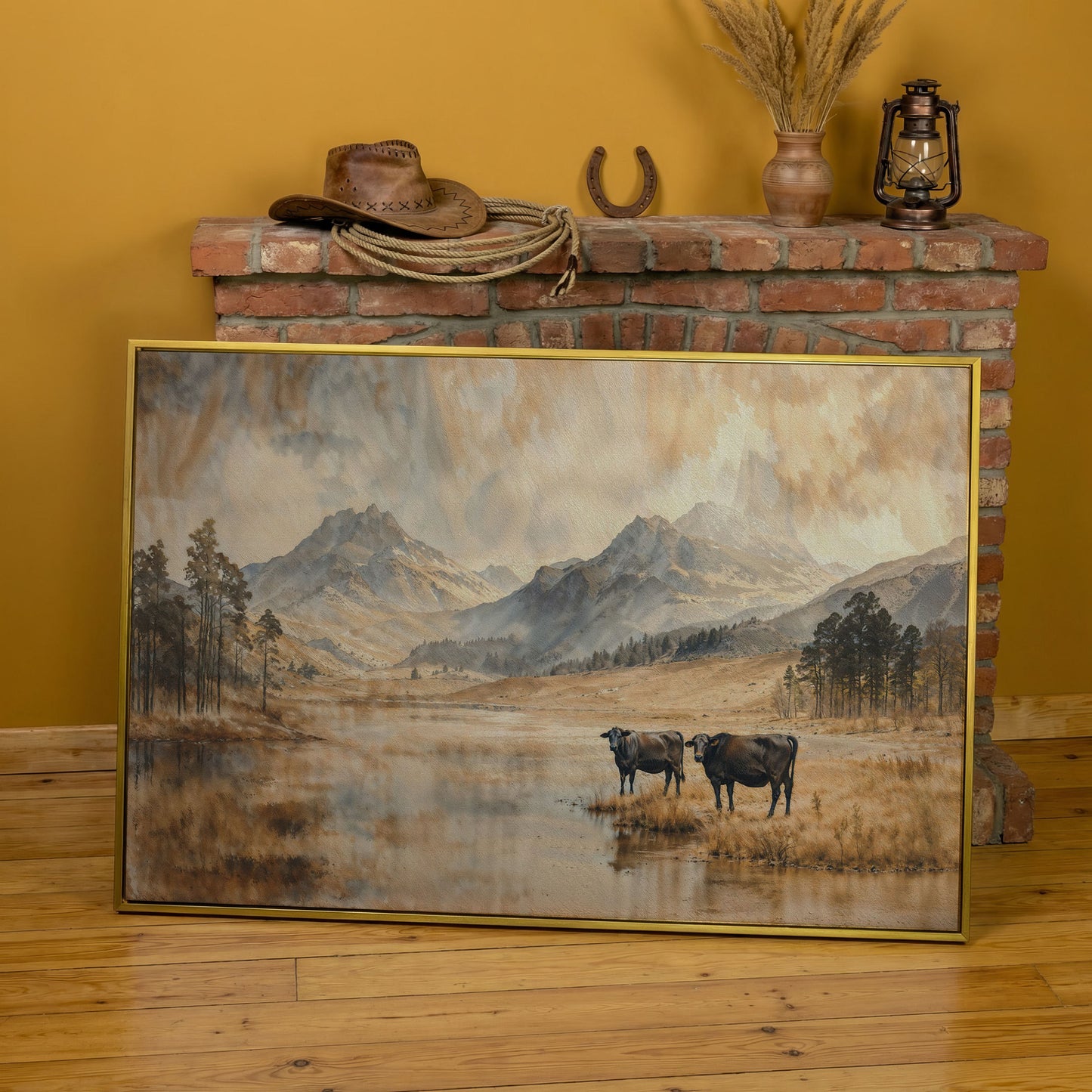 Two Cows by a Mountain Lake, Autumn Mist Canvas Wall Art in yellow gold floating frame