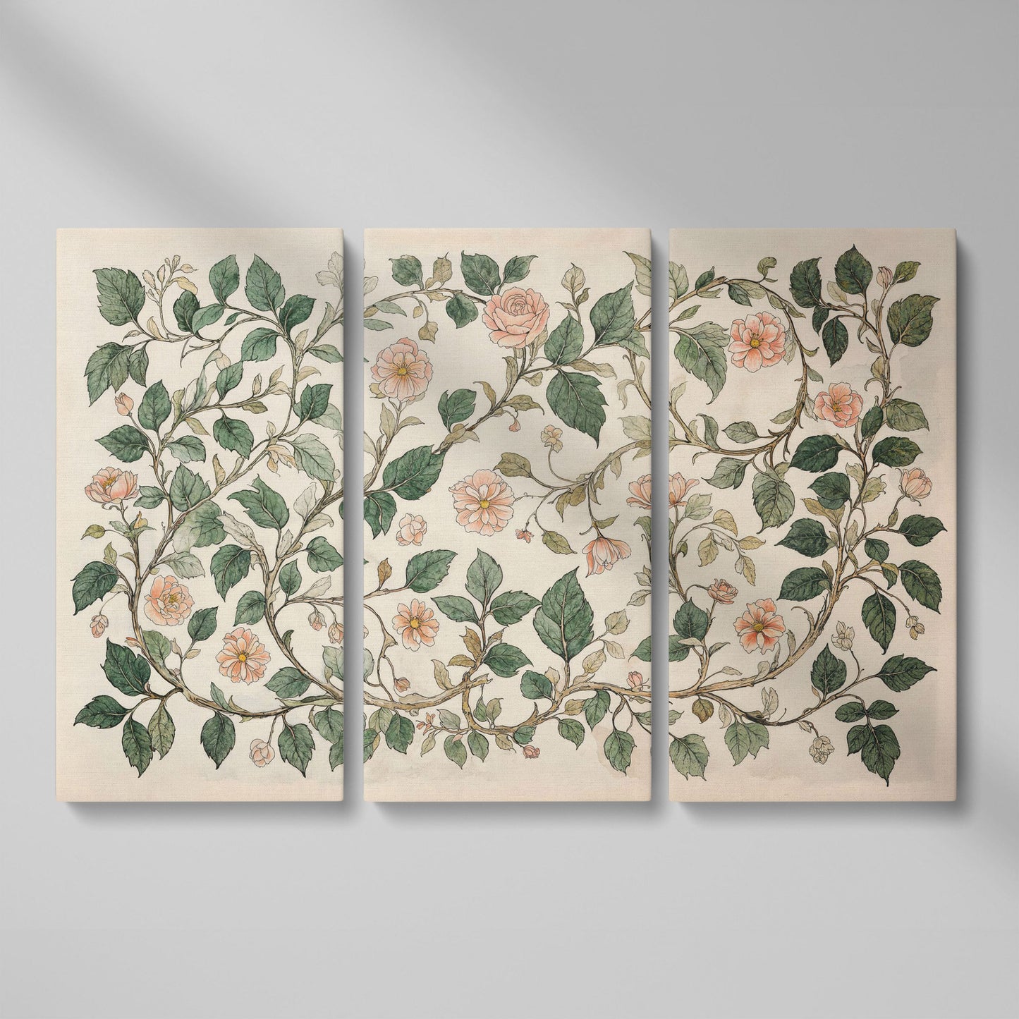 Antique Floral Elegance Canvas. Roses & Vines in Sage & Peach as 3-panel split version