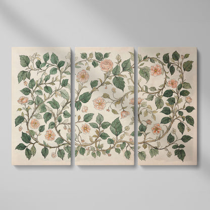 Antique Floral Elegance Canvas. Roses & Vines in Sage & Peach as 3-panel split version
