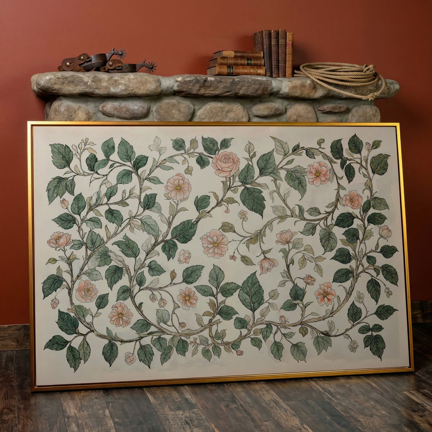 Antique Floral Elegance Canvas. Roses & Vines in Sage & Peach in antique gold floating frame