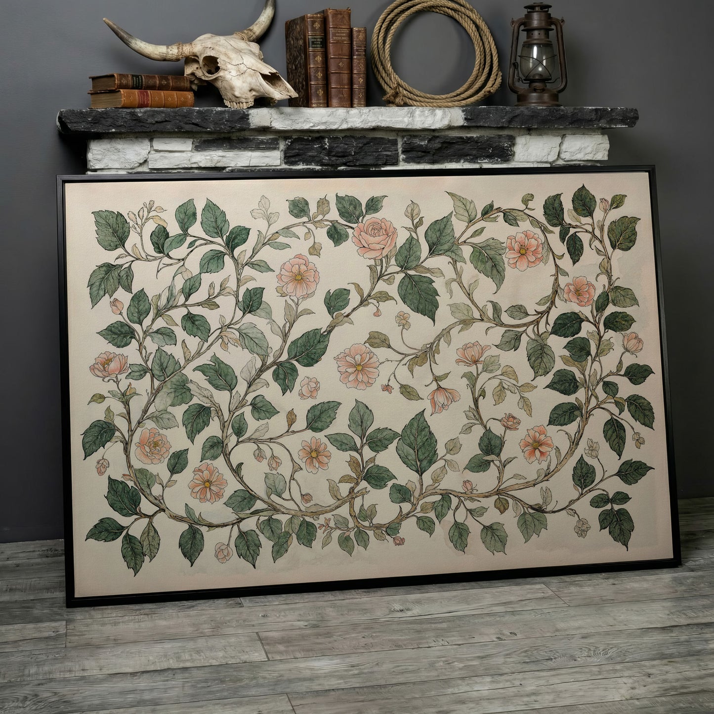Antique Floral Elegance Canvas. Roses & Vines in Sage & Peach in black floating frame