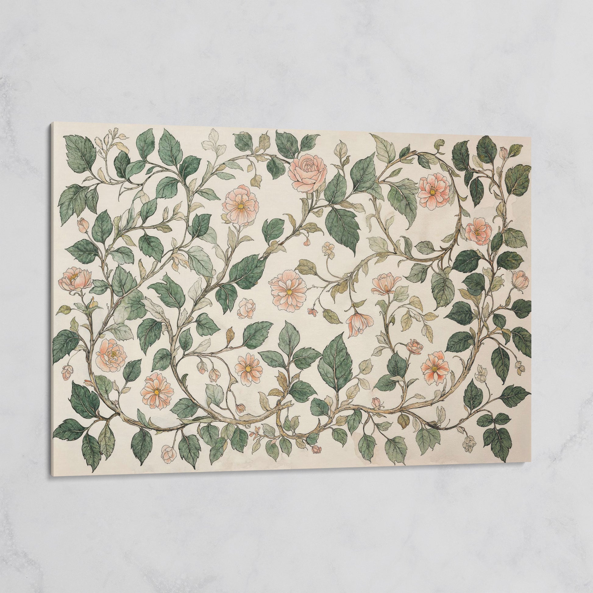 Antique Floral Elegance Canvas. Roses & Vines in Sage & Peach on gallery wrap