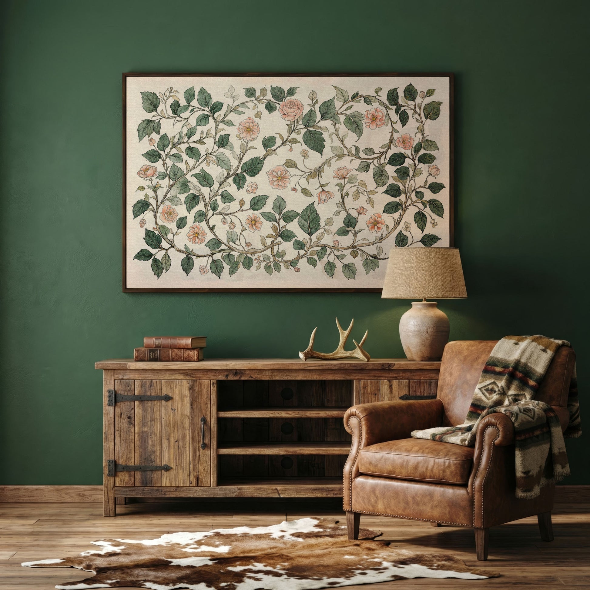 Antique Floral Elegance Canvas. Roses & Vines in Sage & Peach in dark walnut floating frame